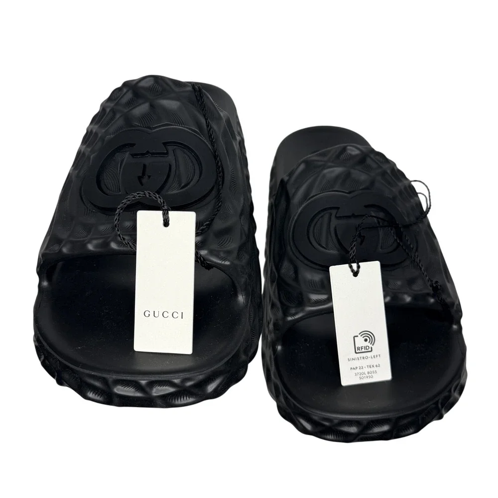 Gucci Slide Sandals Mens 13 Black Rubber Water Ripple Interlocking G Logo 770801